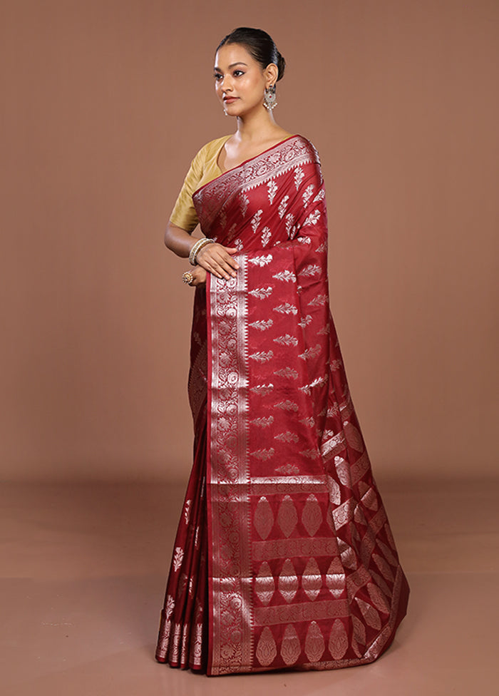Maroon Kora Silk Saree With Blouse Piece