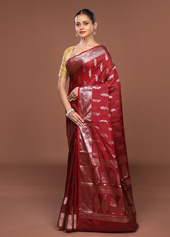 Maroon Kora Silk Saree With Blouse Piece