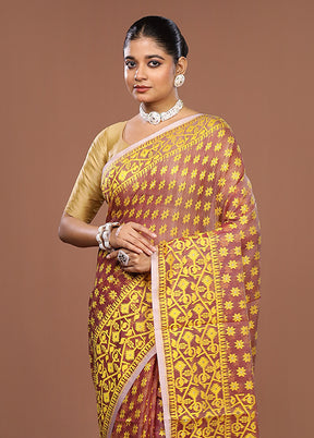 Maroon Jamdani Cotton Saree Without Blouse Piece