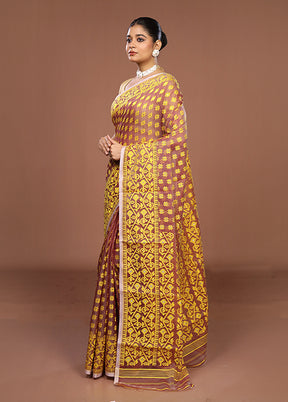 Maroon Jamdani Cotton Saree Without Blouse Piece