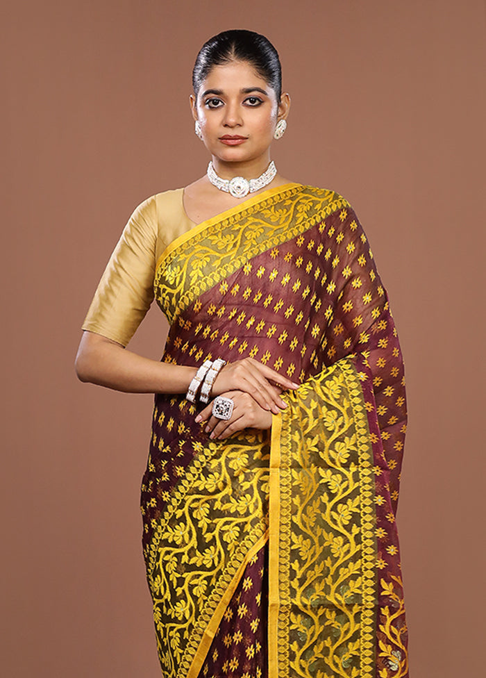 Brown Jamdani Cotton Saree Without Blouse Piece