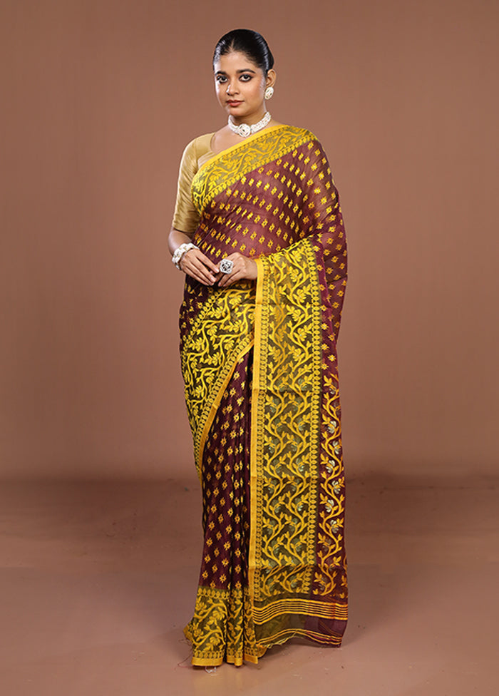 Brown Jamdani Cotton Saree Without Blouse Piece