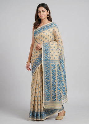 Cream Jamdani Cotton Saree Without Blouse Piece