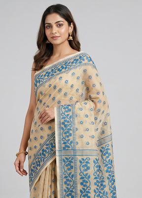 Cream Jamdani Cotton Saree Without Blouse Piece