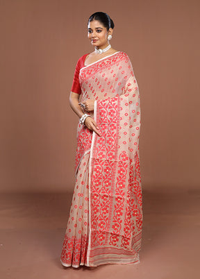 Cream Jamdani Cotton Saree Without Blouse Piece