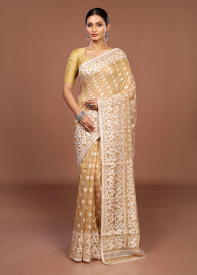 Cream Jamdani Cotton Saree Without Blouse Piece