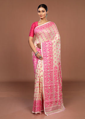 Cream Jamdani Cotton Saree Without Blouse Piece