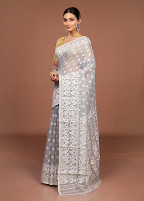 Grey Jamdani Cotton Saree Without Blouse Piece