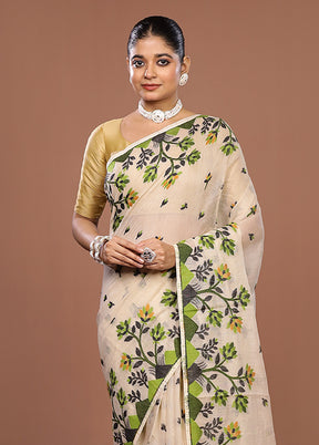 Cream Jamdani Cotton Saree Without Blouse Piece