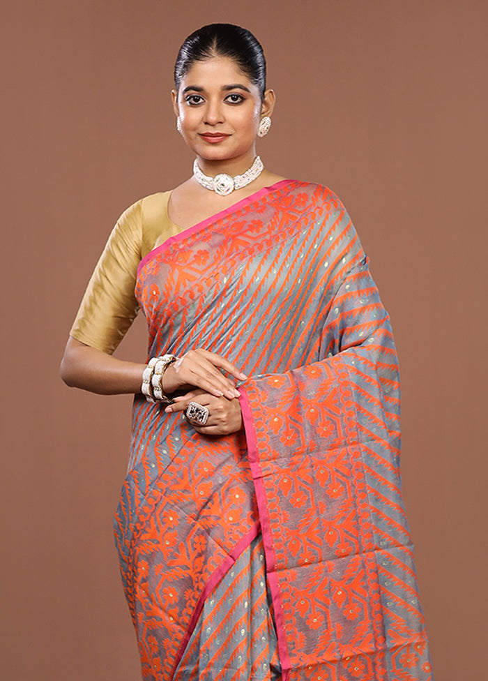 Grey Jamdani Cotton Saree Without Blouse Piece