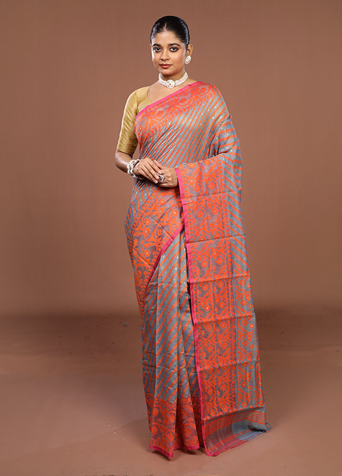 Grey Jamdani Cotton Saree Without Blouse Piece
