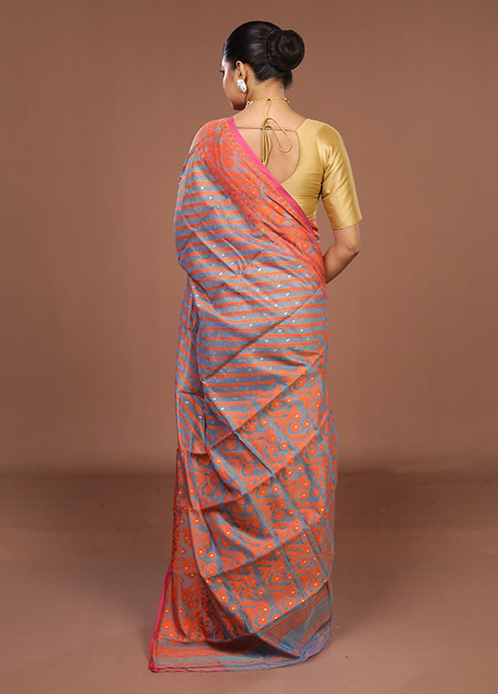 Grey Jamdani Cotton Saree Without Blouse Piece
