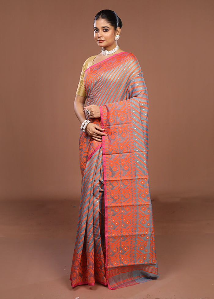 Grey Jamdani Cotton Saree Without Blouse Piece