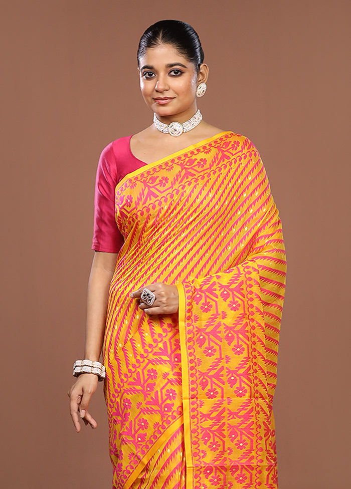 Yellow Jamdani Cotton Saree Without Blouse Piece