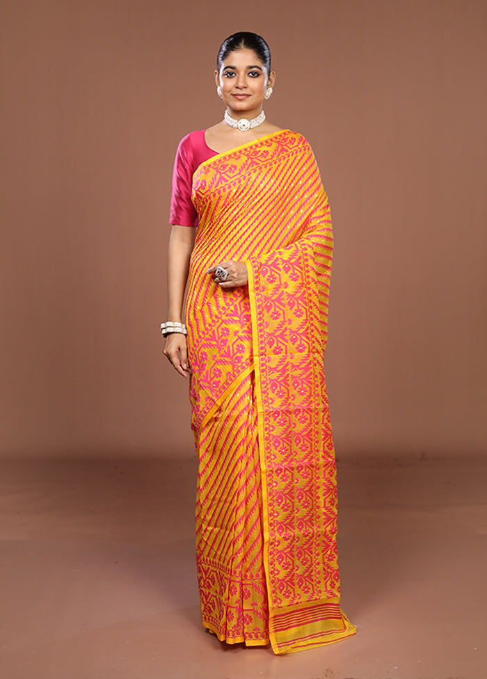 Yellow Jamdani Cotton Saree Without Blouse Piece