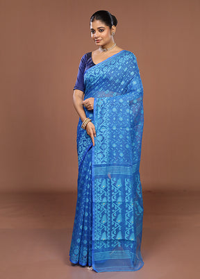 Blue Jamdani Cotton Saree Without Blouse Piece
