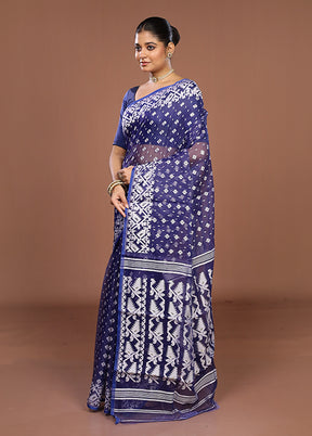 Blue Jamdani Cotton Saree Without Blouse Piece