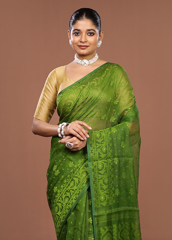 Green Jamdani Cotton Saree Without Blouse Piece
