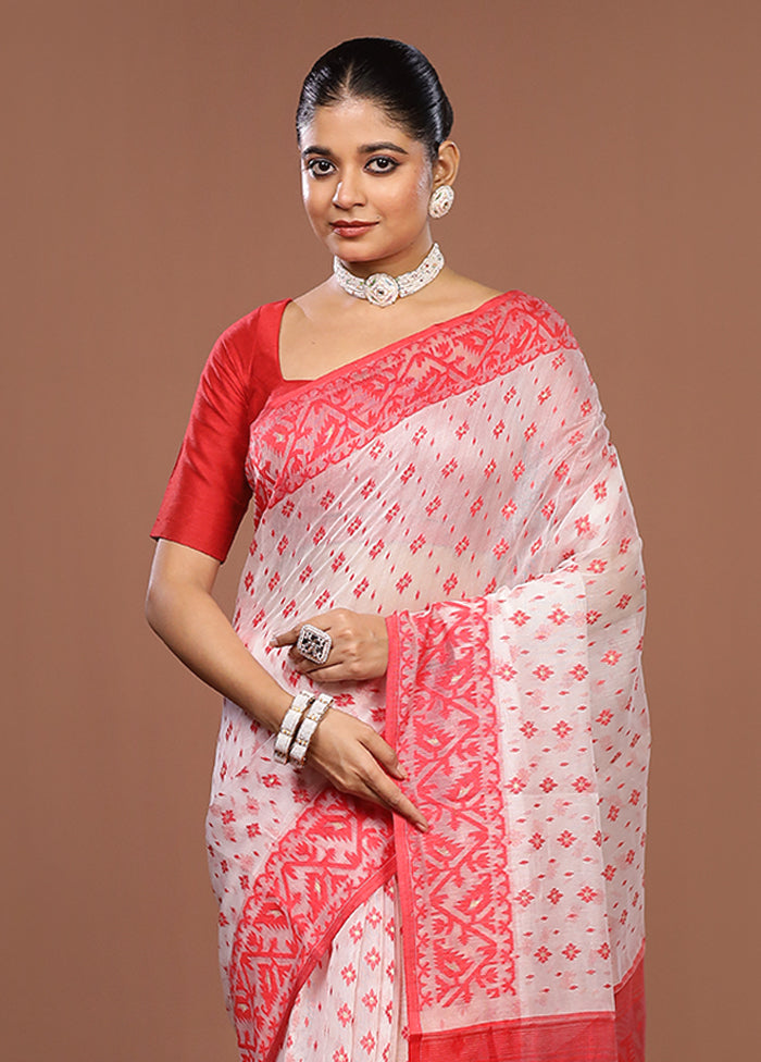 White Jamdani Cotton Saree Without Blouse Piece