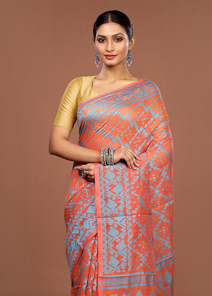 Orange Jamdani Cotton Saree Without Blouse Piece