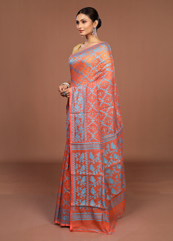 Orange Jamdani Cotton Saree Without Blouse Piece