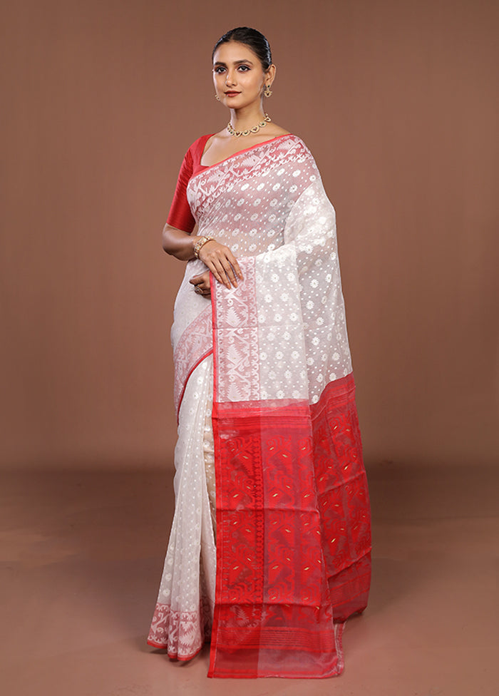White Jamdani Cotton Saree Without Blouse Piece