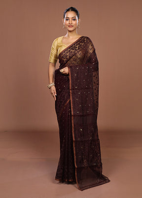 Maroon Jamdani Cotton Saree Without Blouse Piece