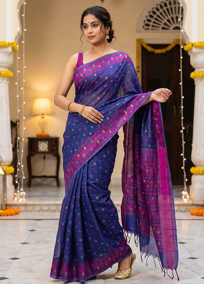 Blue Jamdani Cotton Saree Without Blouse Piece