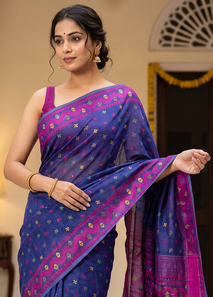 Blue Jamdani Cotton Saree Without Blouse Piece