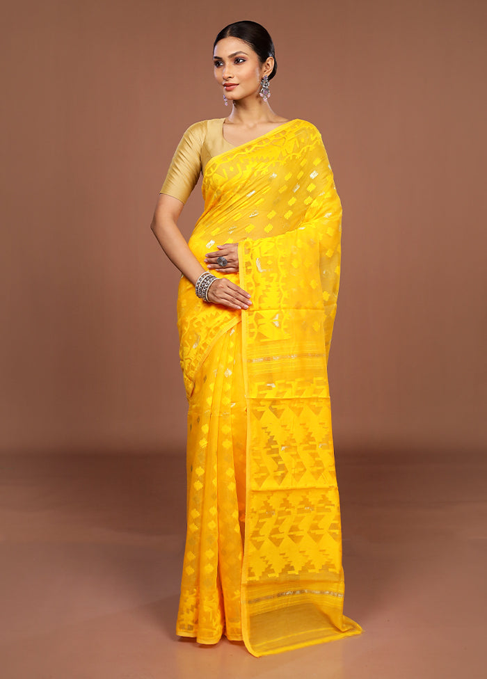 Yellow Jamdani Cotton Saree Without Blouse Piece