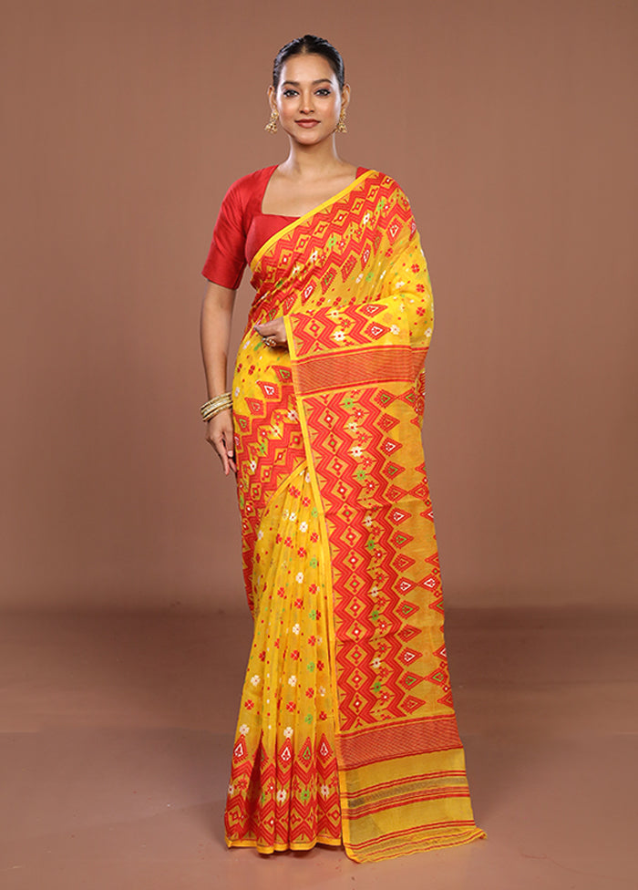 Yellow Jamdani Cotton Saree Without Blouse Piece