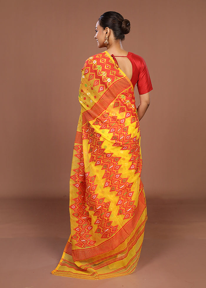 Yellow Jamdani Cotton Saree Without Blouse Piece