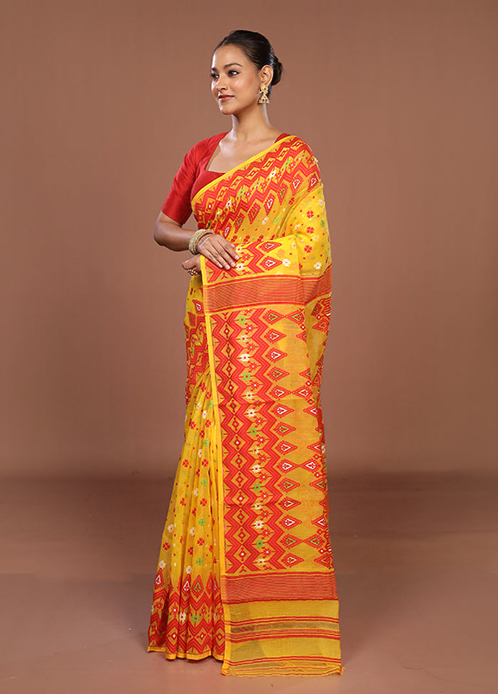 Yellow Jamdani Cotton Saree Without Blouse Piece