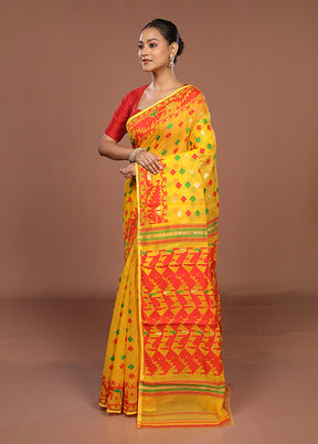 Yellow Jamdani Cotton Saree Without Blouse Piece