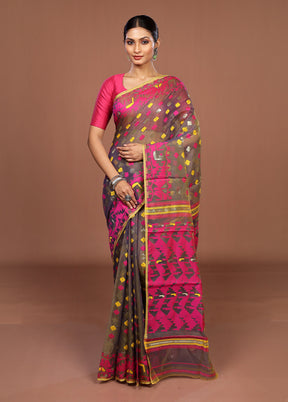 Blue Jamdani Cotton Saree Without Blouse Piece