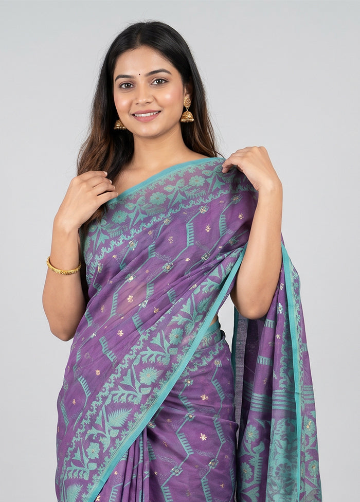 Purple Jamdani Cotton Saree Without Blouse Piece