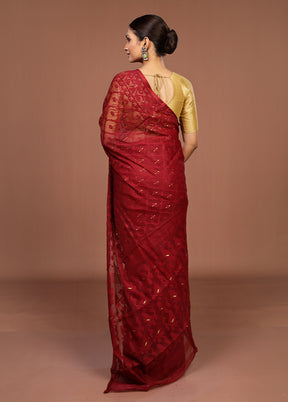 Maroon Jamdani Cotton Saree Without Blouse Piece