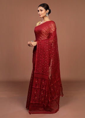 Maroon Jamdani Cotton Saree Without Blouse Piece