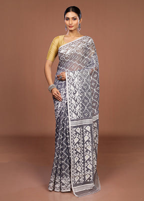 Grey Jamdani Cotton Saree Without Blouse Piece