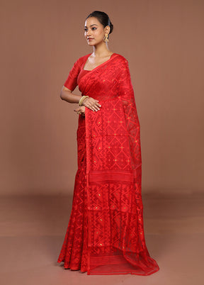 Red Jamdani Cotton Saree Without Blouse Piece