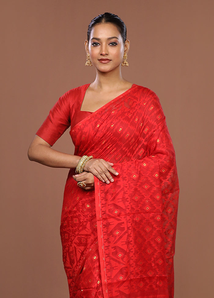 Red Jamdani Cotton Saree Without Blouse Piece