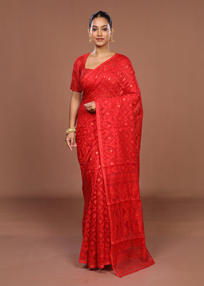 Red Jamdani Cotton Saree Without Blouse Piece