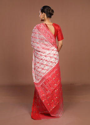 White Jamdani Cotton Saree Without Blouse Piece