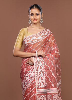 Maroon Jamdani Cotton Saree Without Blouse Piece