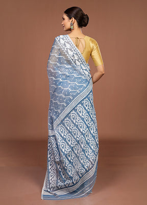 Blue Jamdani Cotton Saree Without Blouse Piece