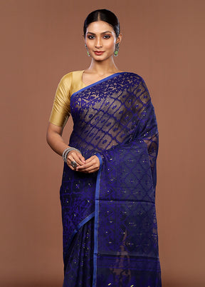 Blue Jamdani Cotton Saree Without Blouse Piece