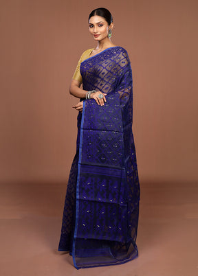 Blue Jamdani Cotton Saree Without Blouse Piece