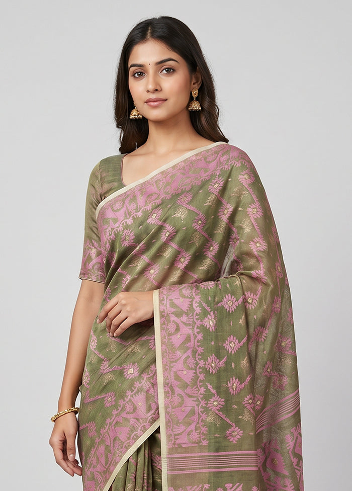 Green Jamdani Cotton Saree Without Blouse Piece