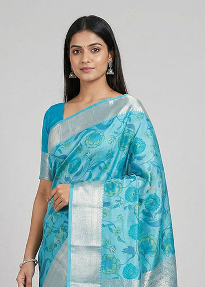 Blue Kanjivaram Silk Saree With Blouse Piece