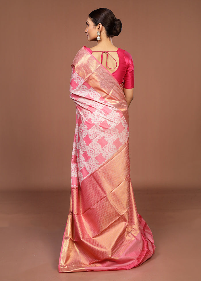 Pink Kanjivaram Silk Saree With Blouse Piece